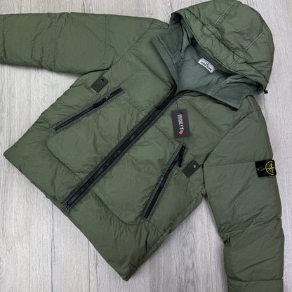 Stone Island Men’s Green Crinkle Reps Nylon Down Jacket - Large