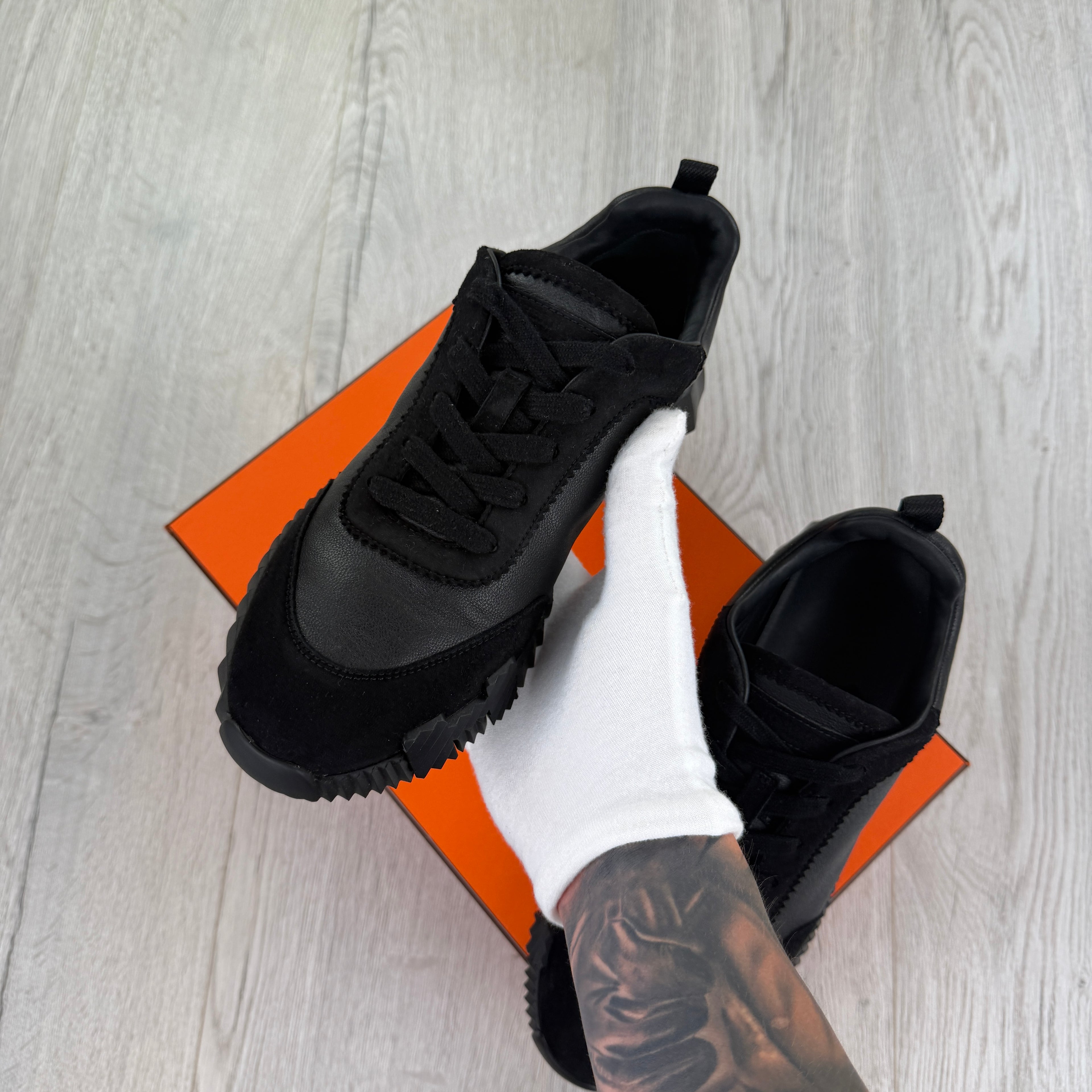 Hermes Men’s All Black Suede Bouncing Sneakers - 42.5 Fit Uk 8.5)