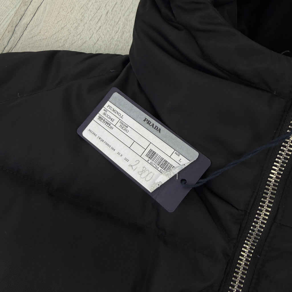 Prada Men’s Black Re-Nylon Triangle Padded Long Down Jacket White Logo - 50 (Fit XL)