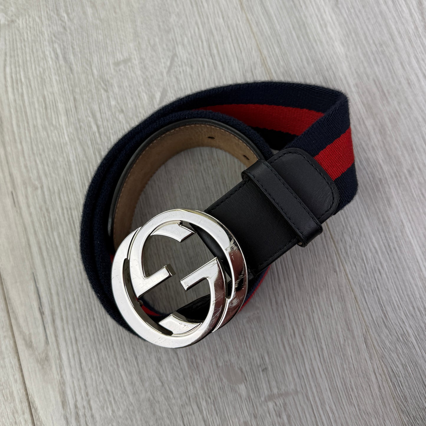 Gucci Web Interlock GG Silver Buckle Belt - 85 (Fit Uk 28-32)