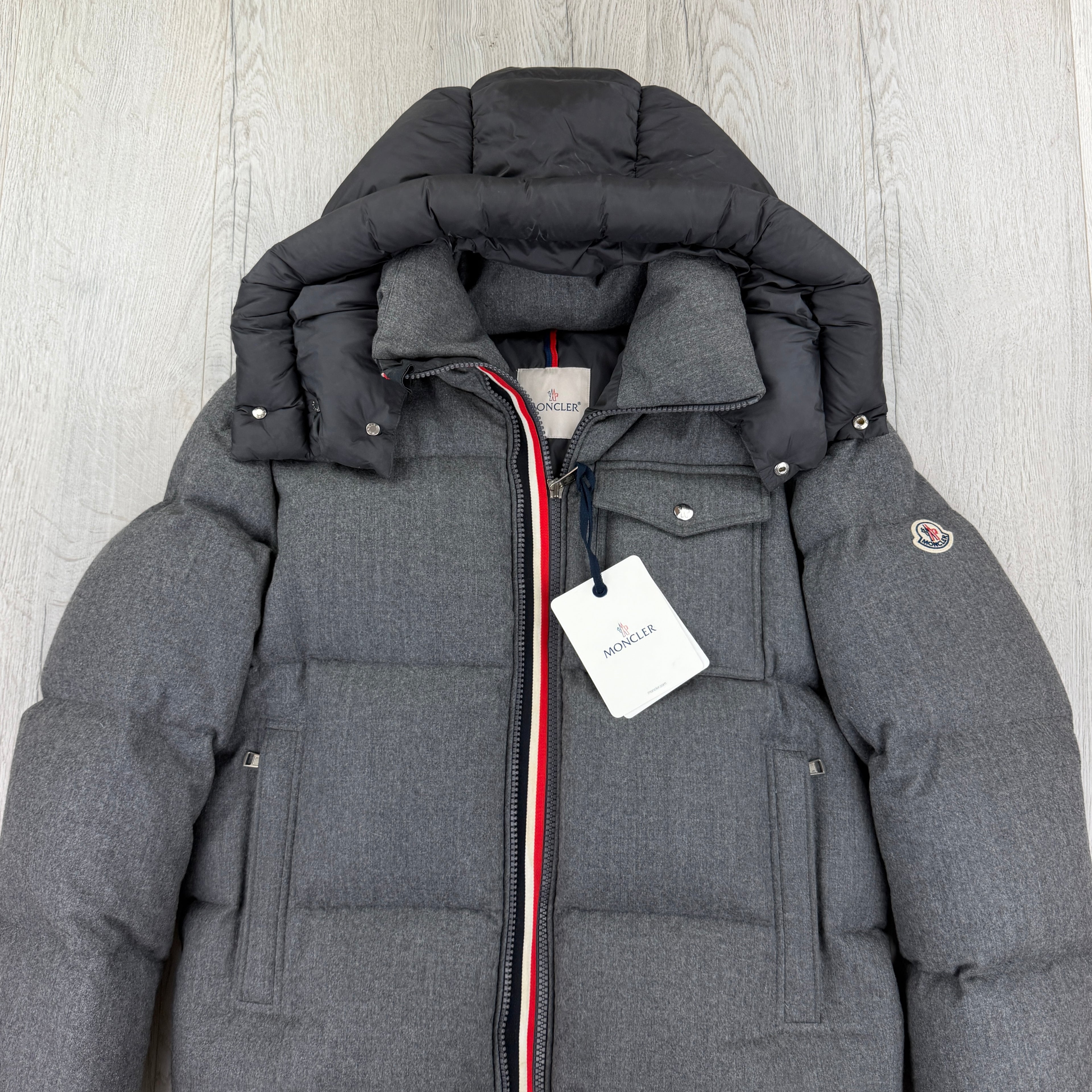 Moncler Men’s Grey Wool Montbeliard Hooded Short Down Jacket - Size 3