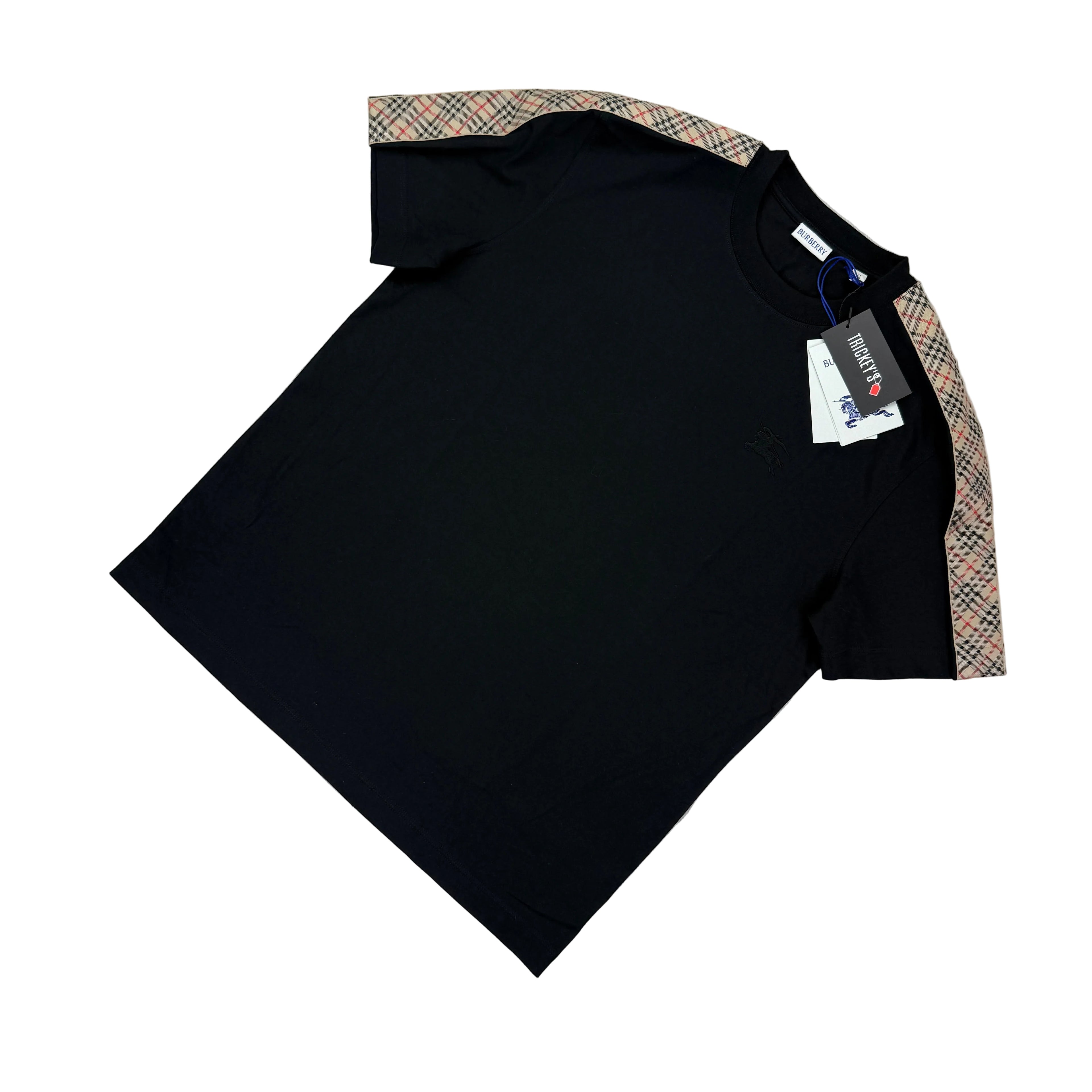 Burberry Men’s Black Check Trim Cotton T-shirt - XL