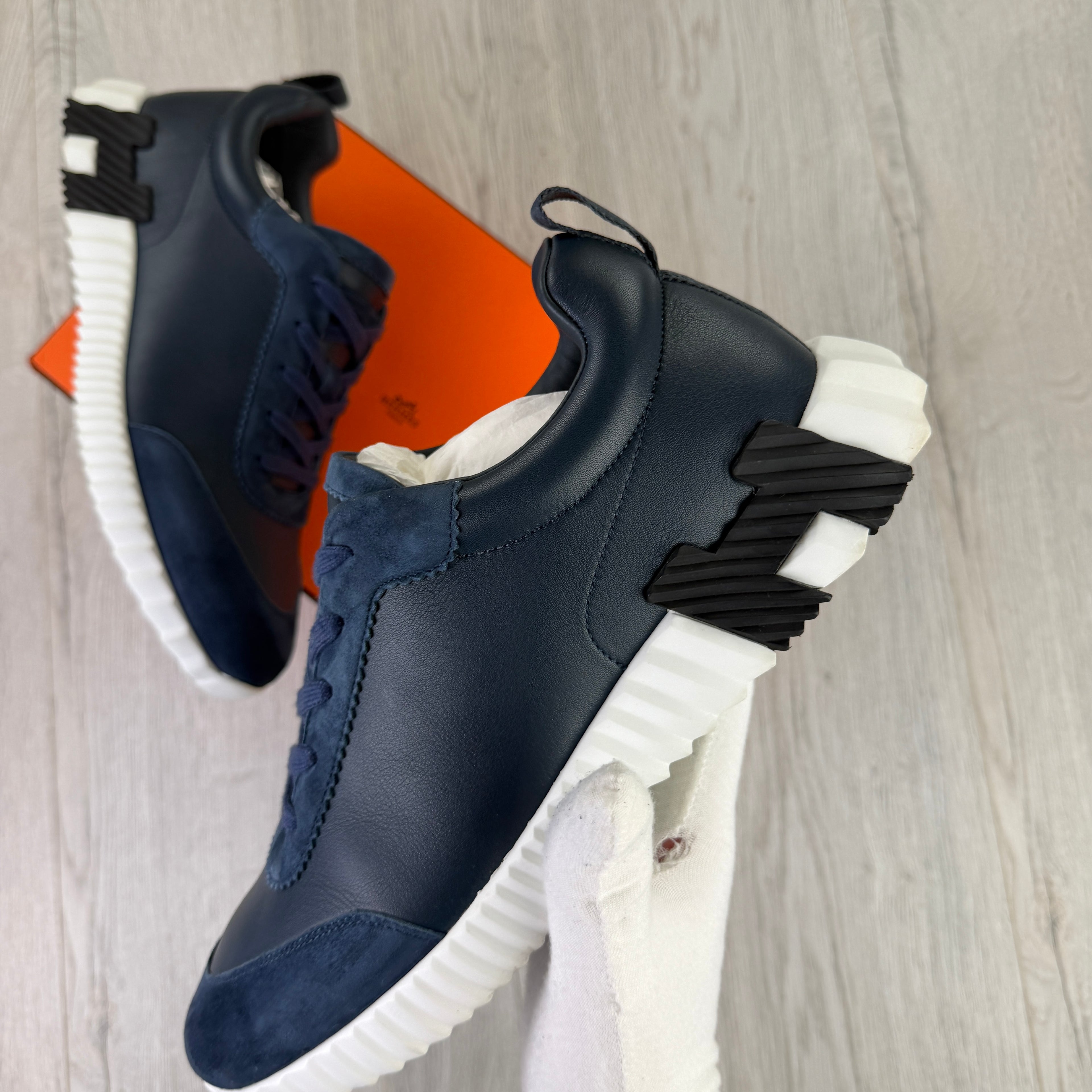 Hermes Men’s Navy Leather Bouncing Sneakers - Uk 11