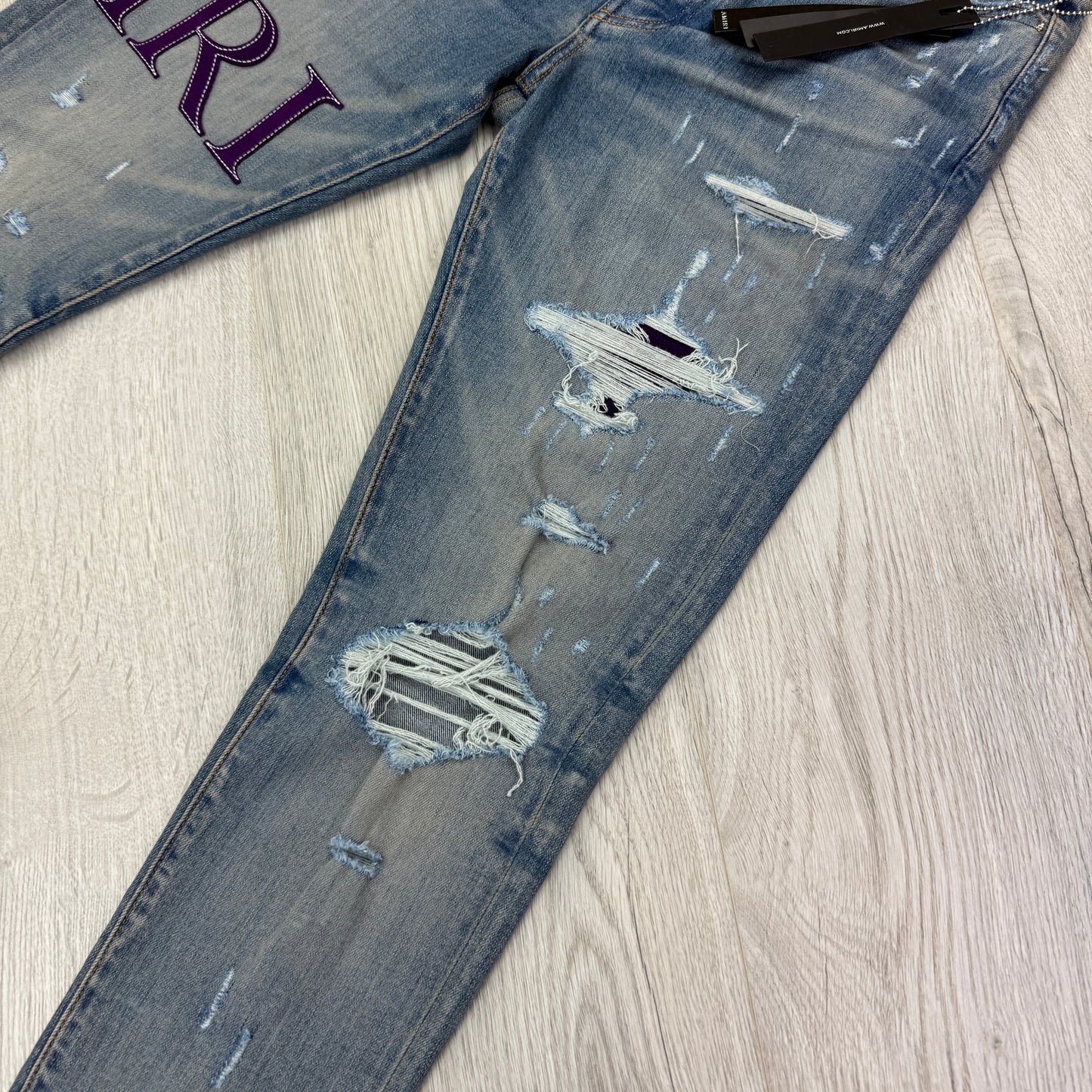 Amiri MX1 Men’s Blue Distressed Jeans With Purple Side Logo - Uk 32