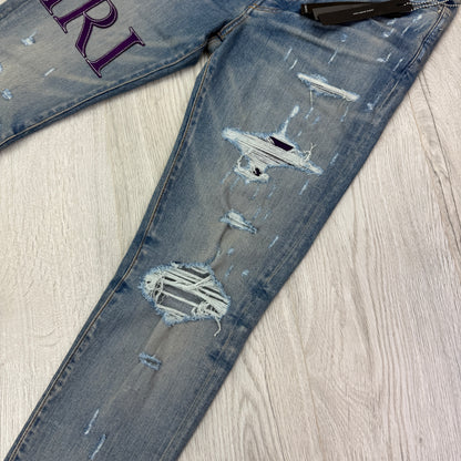 Amiri MX1 Men’s Blue Distressed Jeans With Purple Side Logo - Uk 32