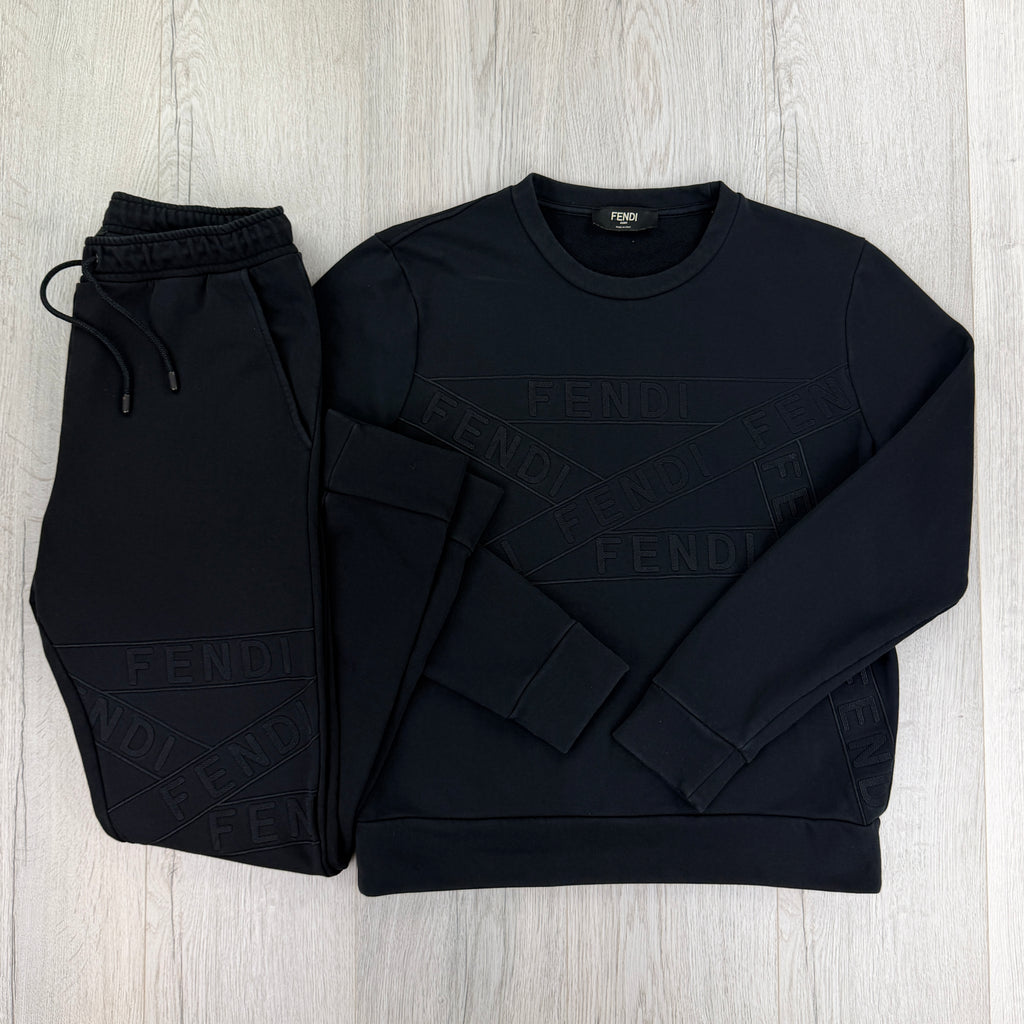 Fendi Men’s Logo Full Black Tracksuit - Medium Slim