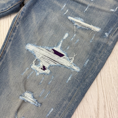 Amiri MX1 Men’s Blue Distressed Jeans With Purple Side Logo - Uk 32