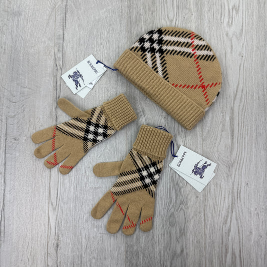 Burberry Check Cashmere Blend Beanie & Gloves Set