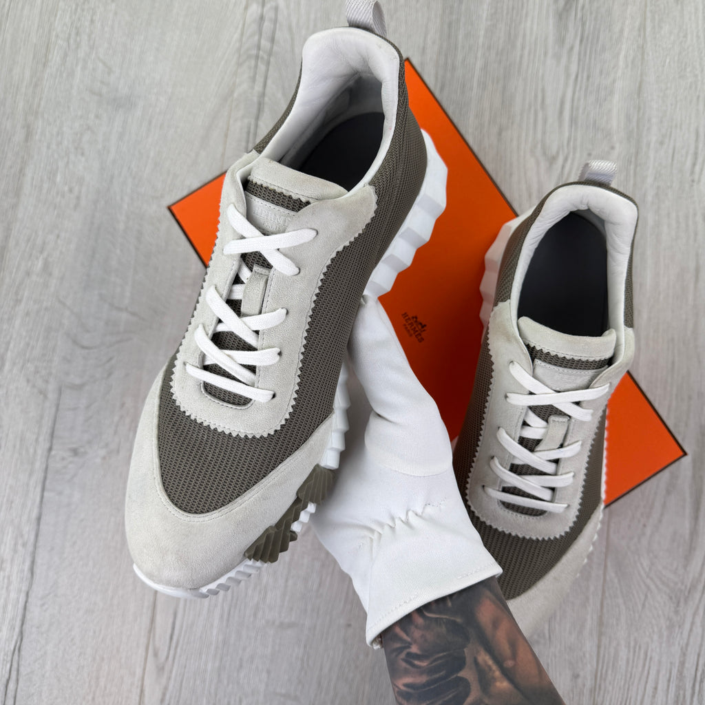 Hermes Men’s Suede Cream/Brown Bouncing Sneakers - Uk 9.5