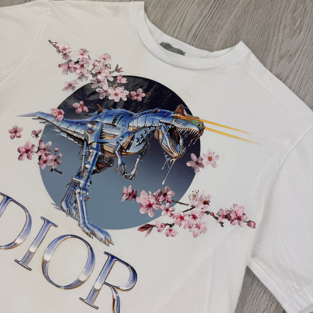Dior X Sorayama Men’s White Dinosaur Printed T-shirt - Small
