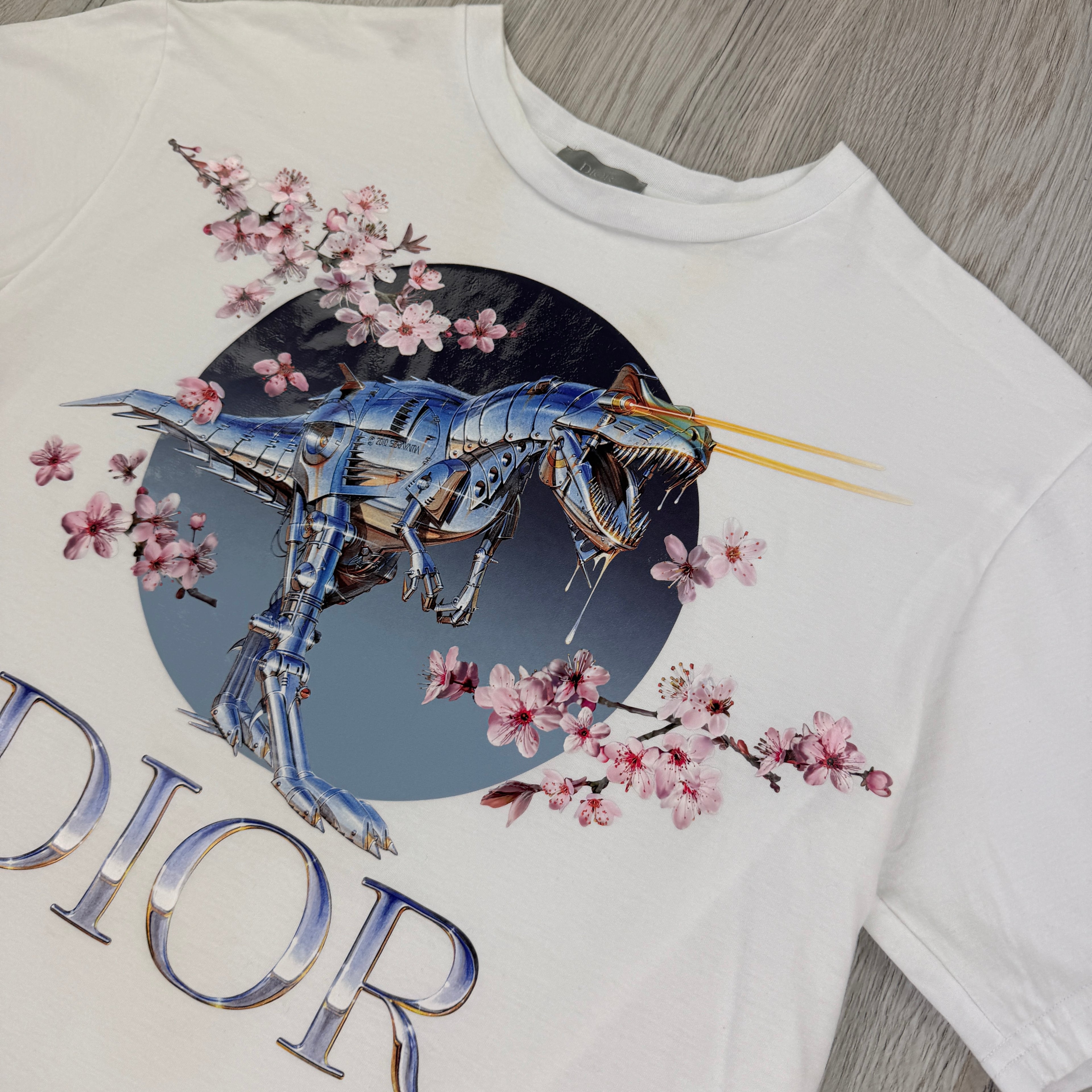 Dior X Sorayama Men’s White Dinosaur Printed T-shirt - Small