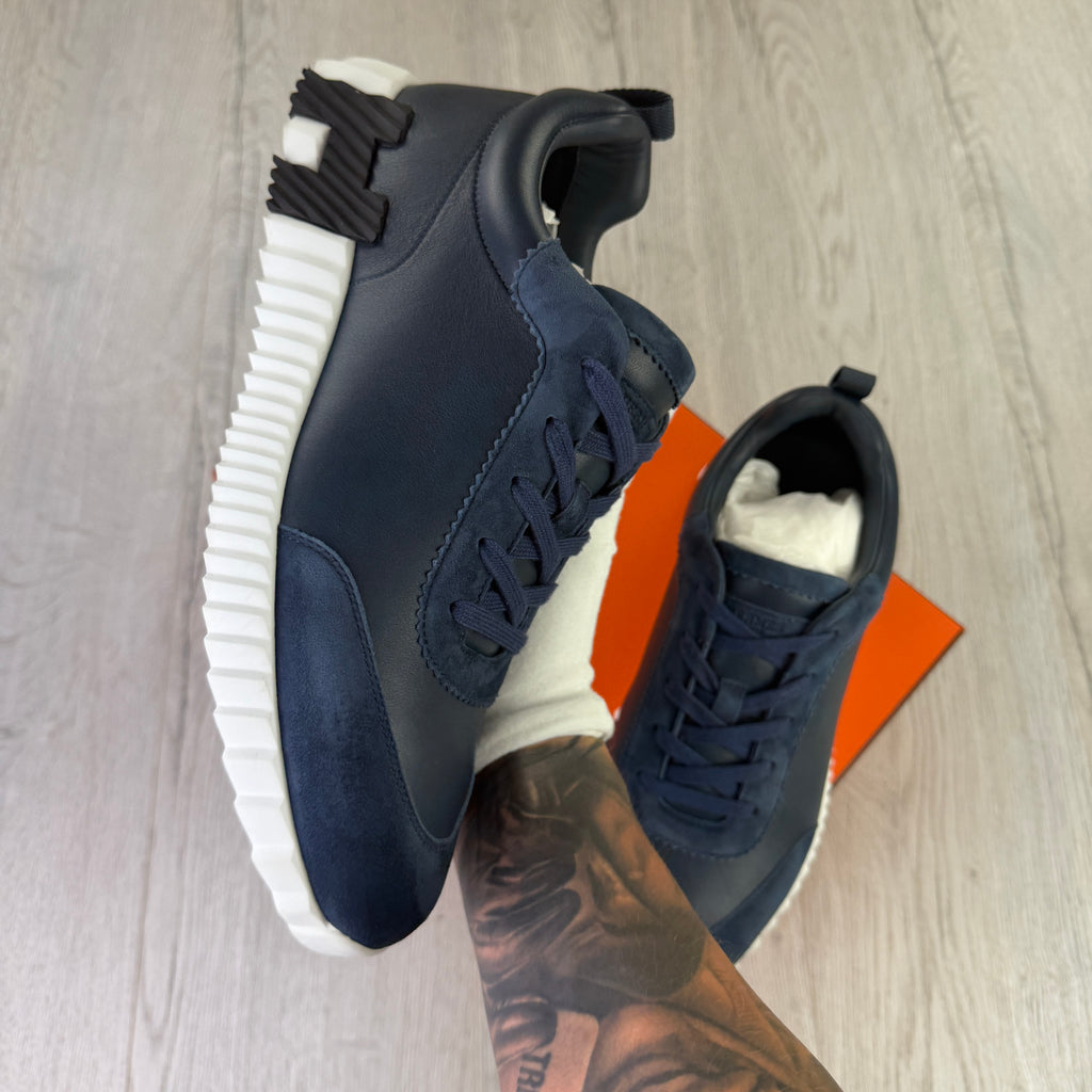 Hermes Men’s Navy Leather Bouncing Sneakers - Uk 11