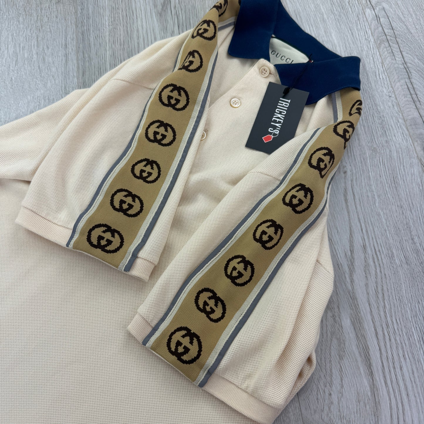 Gucci Men’s Beige Polo With Interlocking G Stripe - Large
