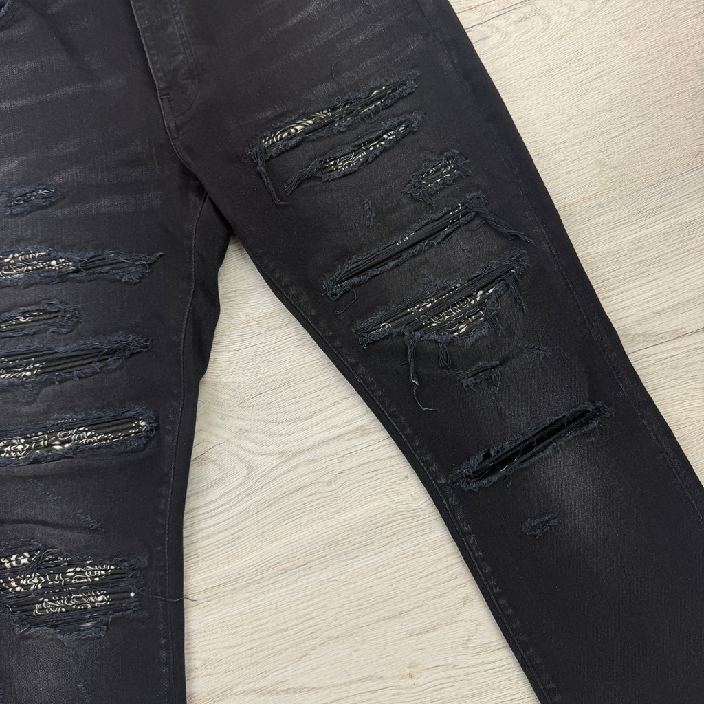 Amiri Men’s Black Distressed MX1 Bandana Ripped Jeans - Uk 33