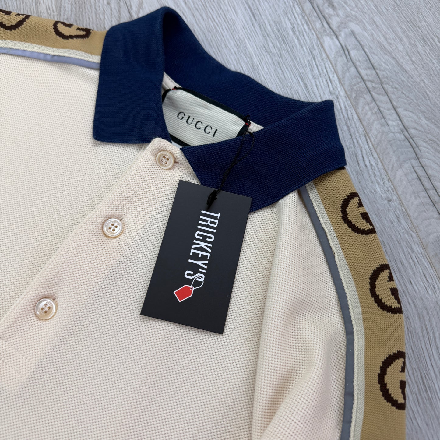 Gucci Men’s Beige Polo With Interlocking G Stripe - Large