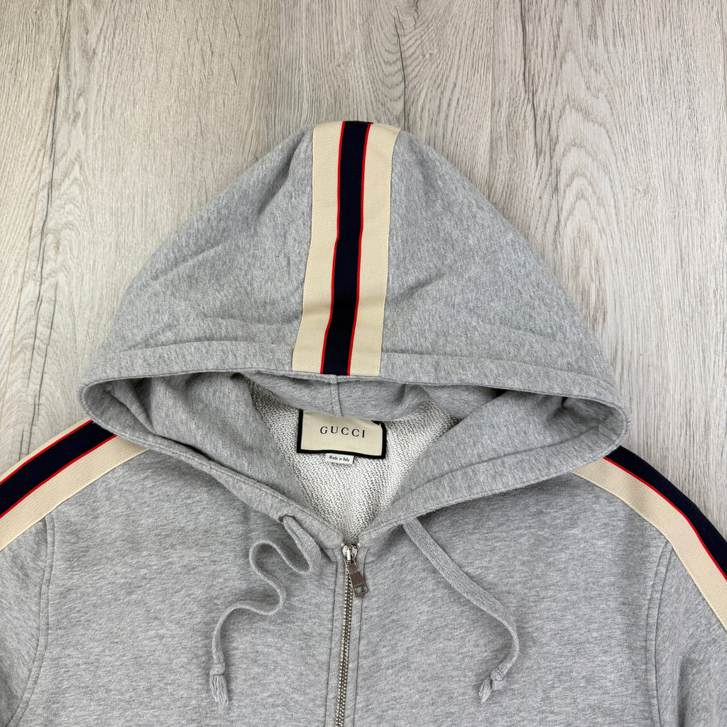 Gucci Men’s Grey Pullover Stripe Logo Sleeve Hoodie - Large
