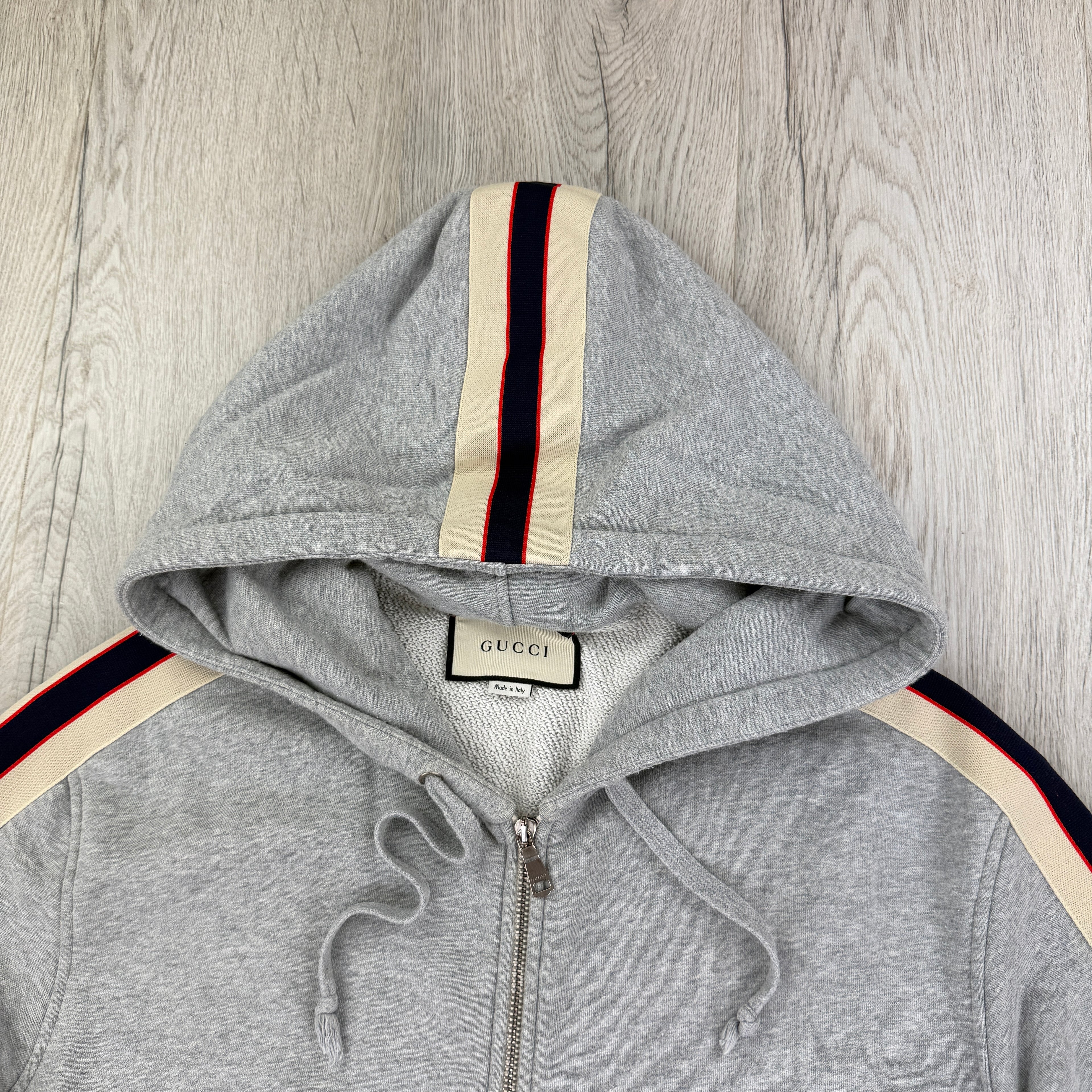 Gucci Men’s Grey Pullover Stripe Logo Sleeve Hoodie - Large