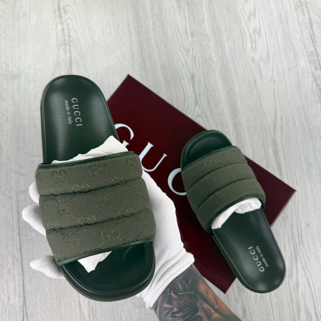 Gucci Men’s Olive Green GG Monogram Canvas Sliders