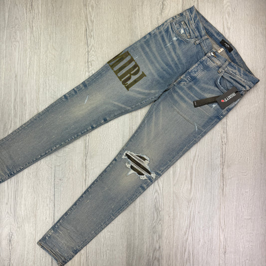 Amiri Men’s MX1 Distressed Camo Applique Logo Jeans