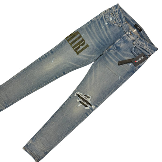 Amiri Men’s MX1 Distressed Camo Applique Logo Jeans