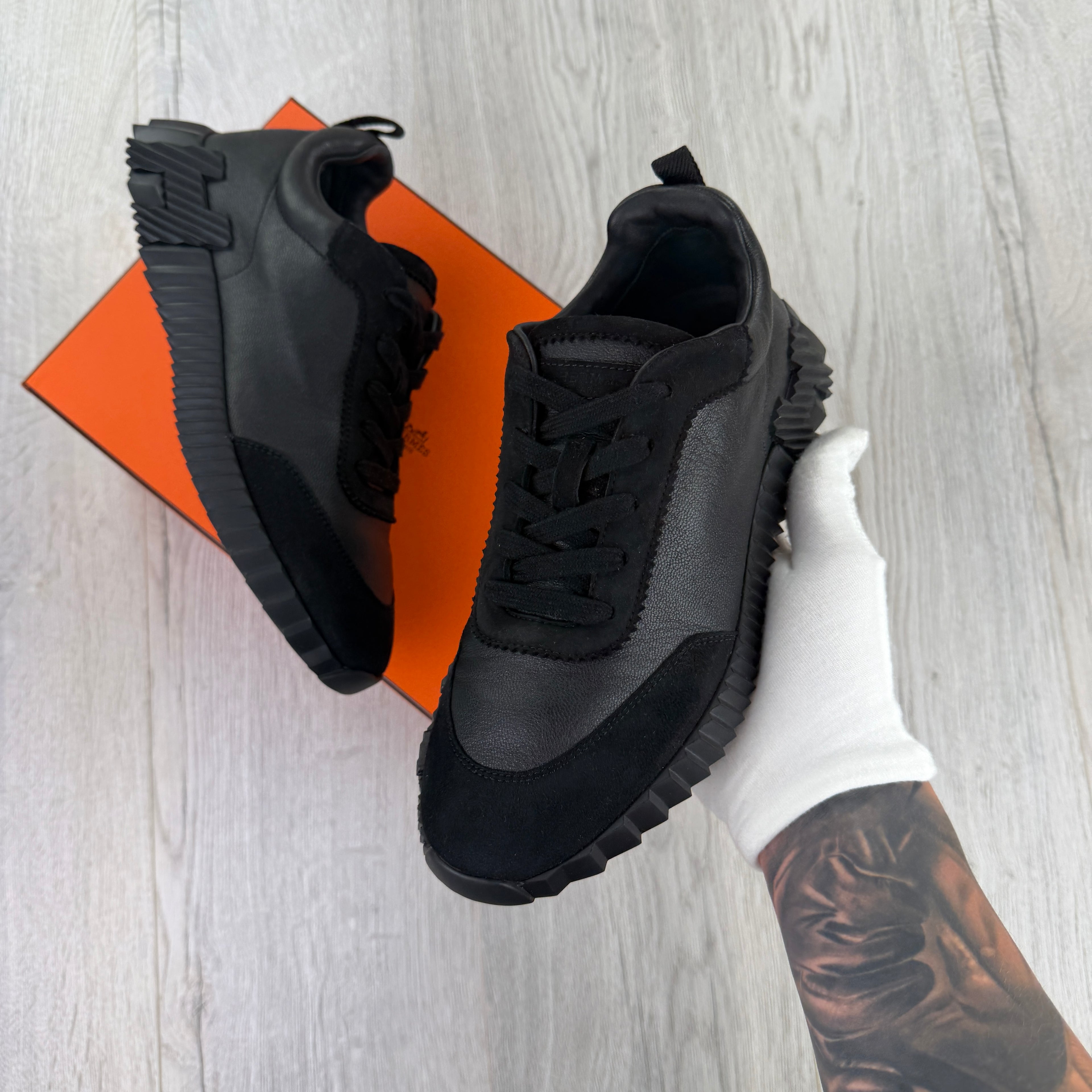 Hermes Men’s All Black Suede Bouncing Sneakers - 42.5 Fit Uk 8.5)