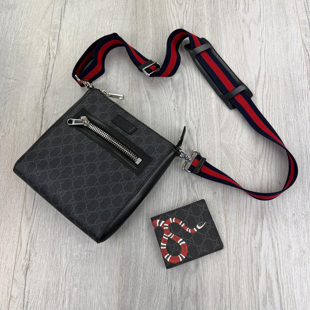 Gucci Messenger Men’s GG Black Small Side Bag & Snake Wallet