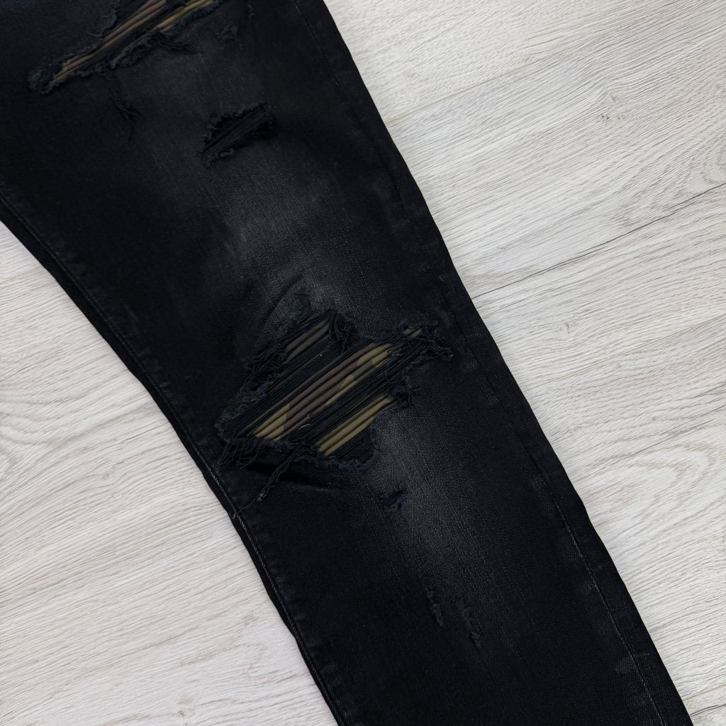 Amiri MX1 Men’s Black Distressed Core Camouflage Applique Jeans - Uk 36