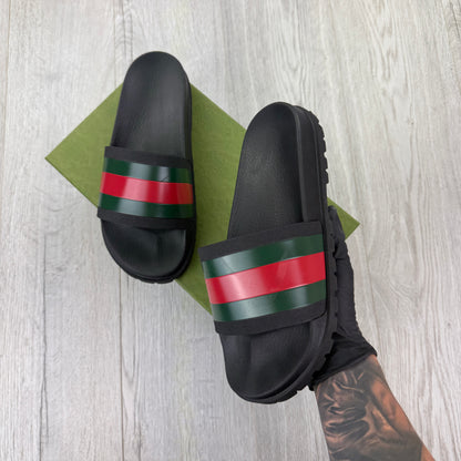 Gucci Men’s Black Sandal With Web Sliders - Uk 11