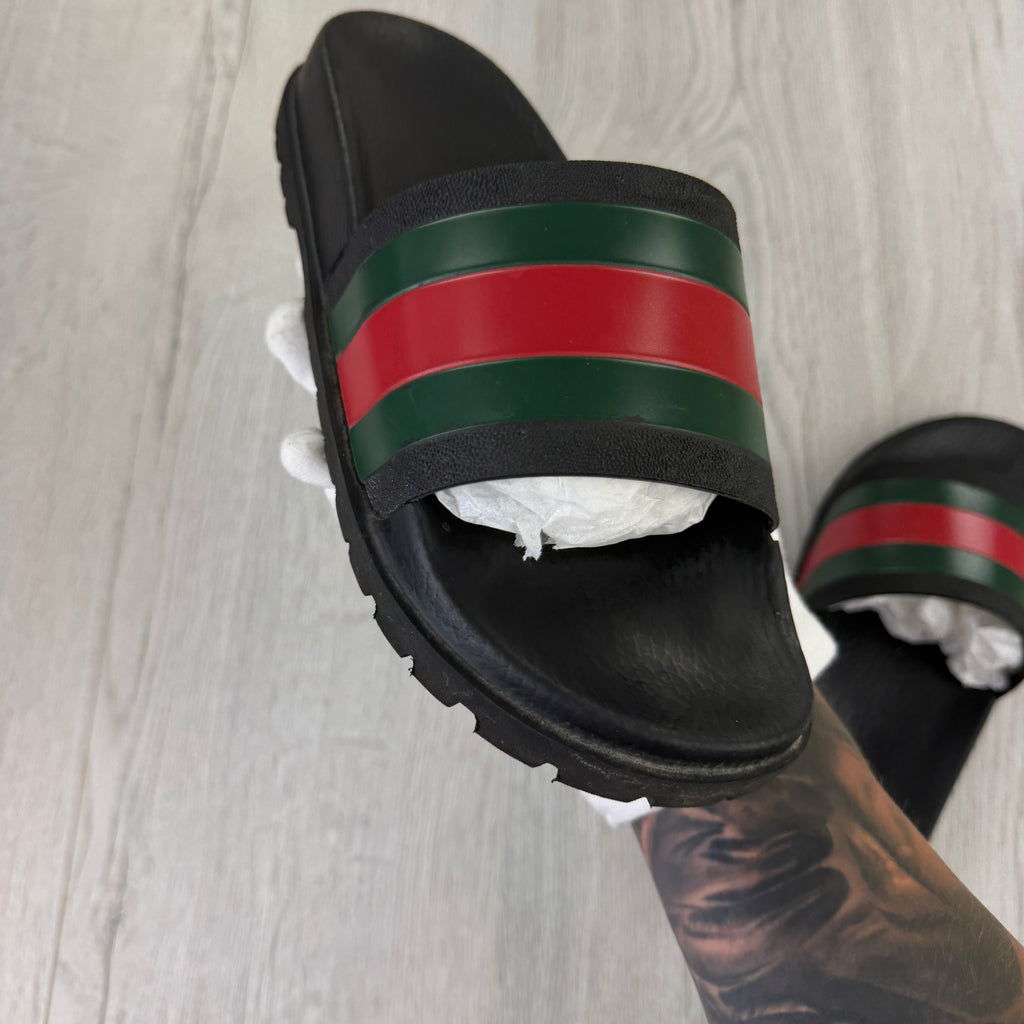 Gucci Men’s Black Web Stripe Sliders - UK 7