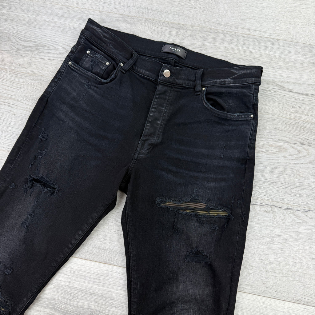 Amiri MX1 Men’s Black Distressed Core Camouflage Applique Jeans - Uk 36