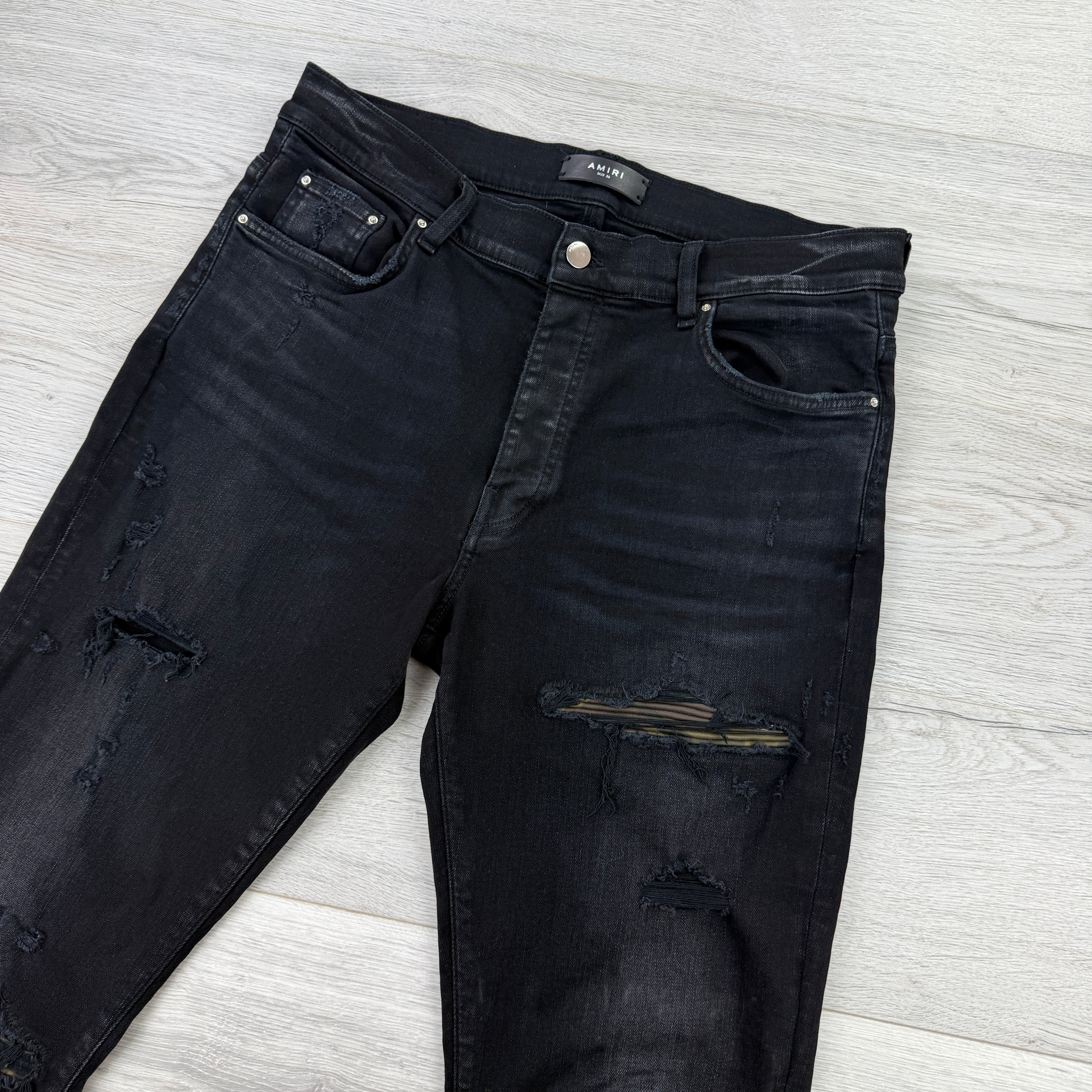 Amiri MX1 Men’s Black Distressed Core Camouflage Applique Jeans - Uk 36