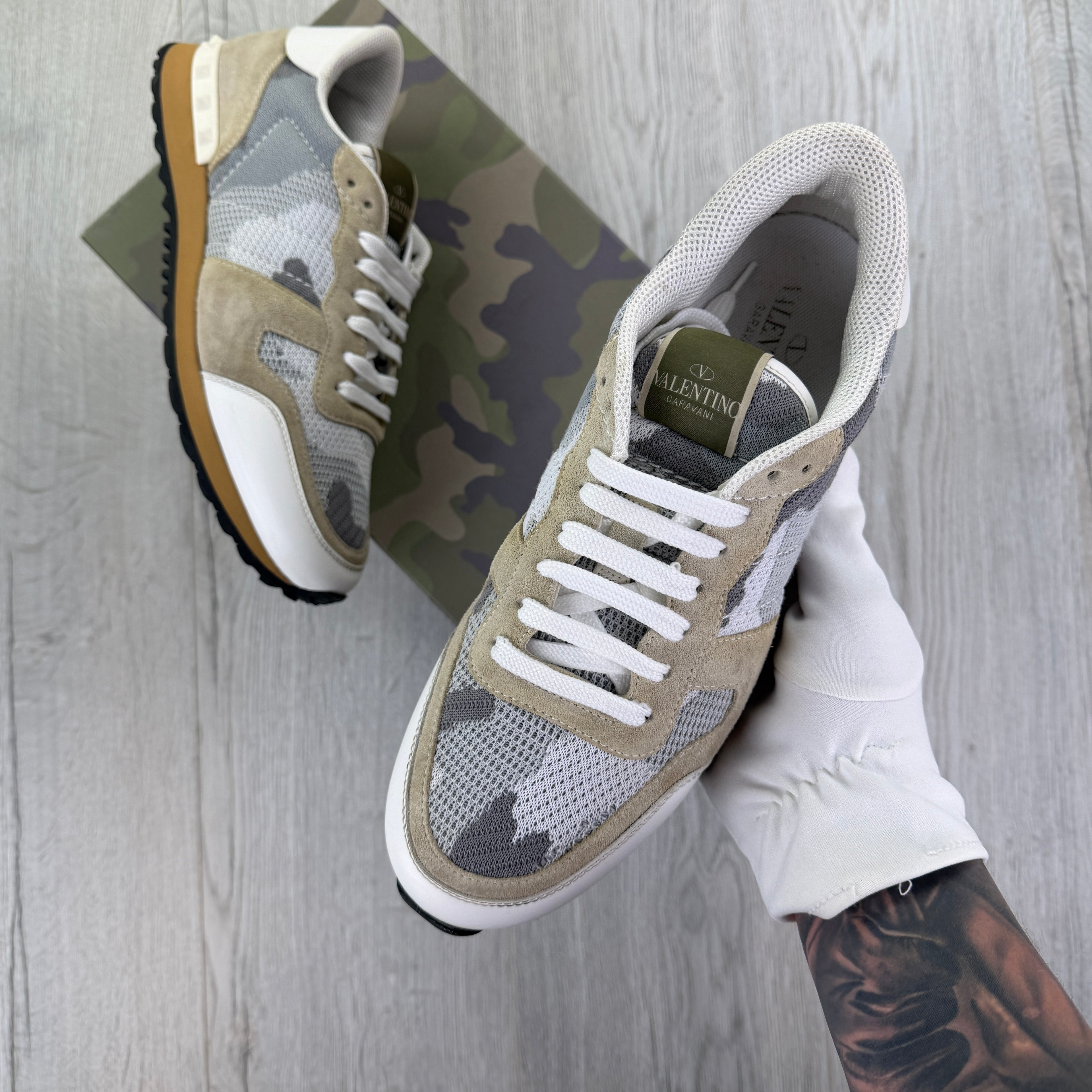 Valentino Men’s Beige & White Camo Mesh Rockrunner Trainers - UK 8