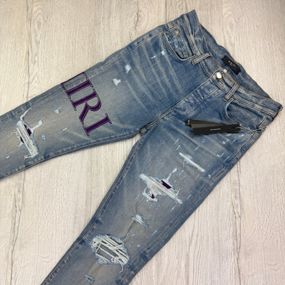 Amiri MX1 Men’s Blue Distressed Jeans With Purple Side Logo - Uk 32