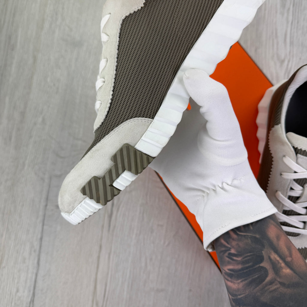 Hermes Men’s Suede Cream/Brown Bouncing Sneakers - Uk 9.5