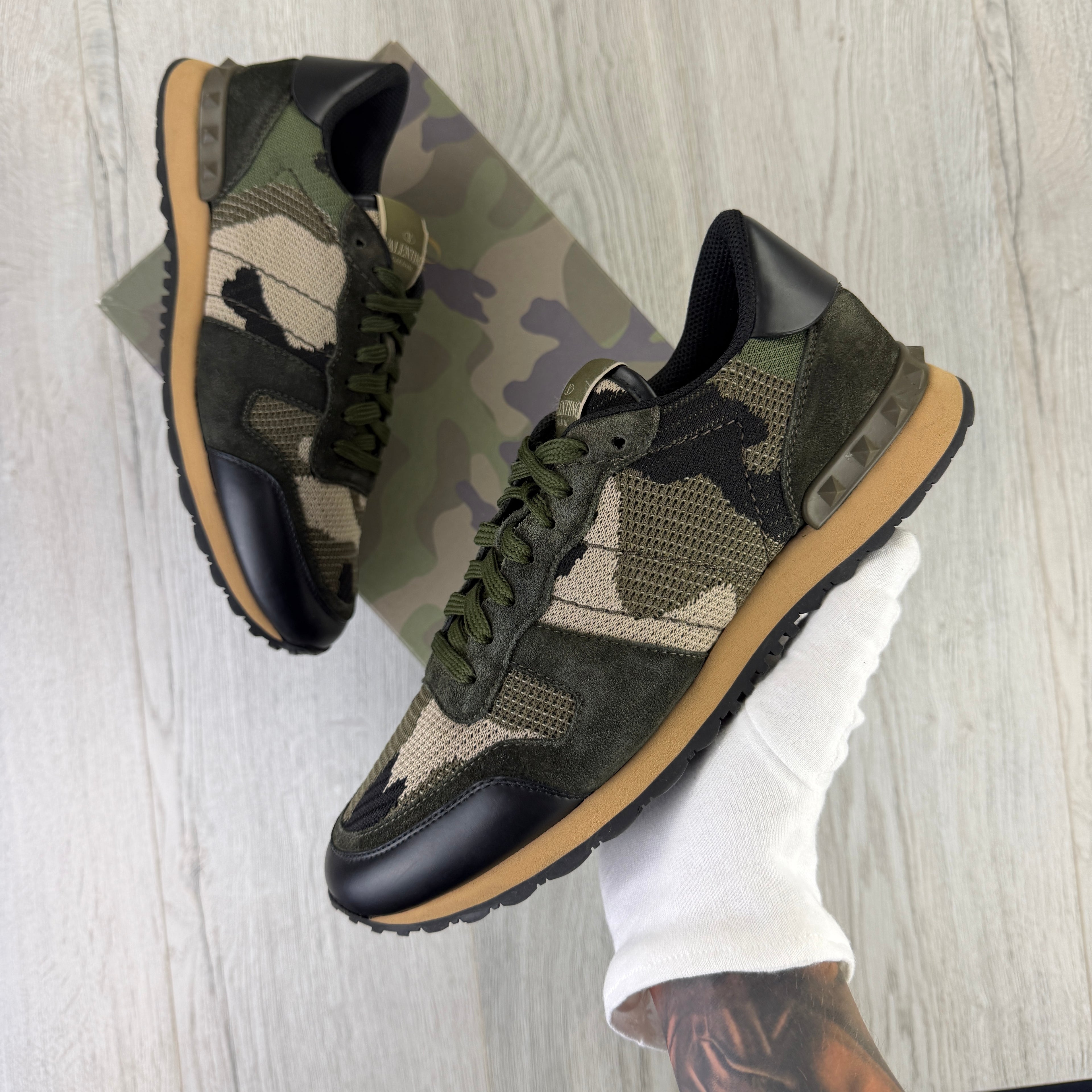 Valentino Men’s Khaki Camo  Mesh Rockrunner Trainers - Uk 7