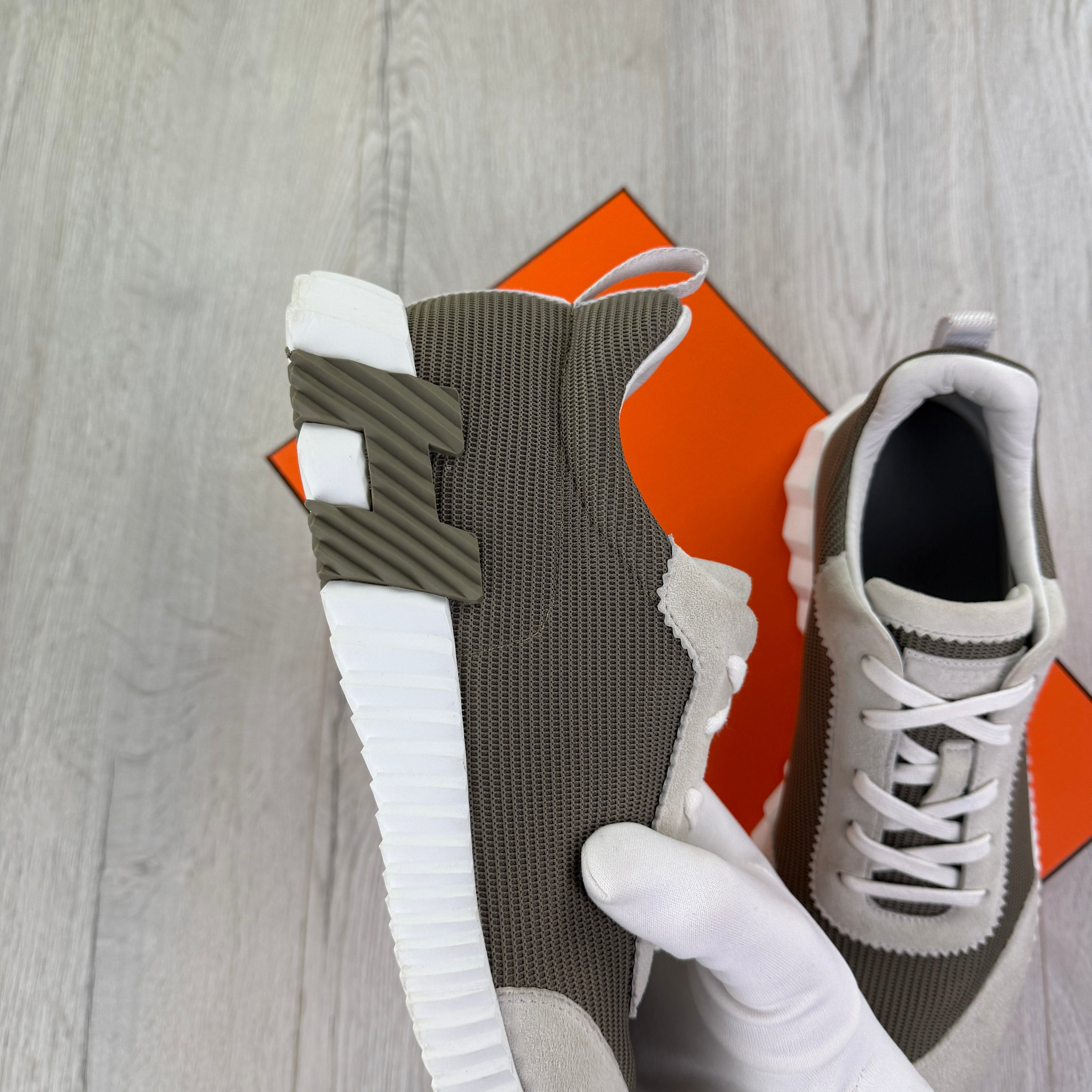 Hermes Men’s Suede Cream/Brown Bouncing Sneakers - Uk 9.5