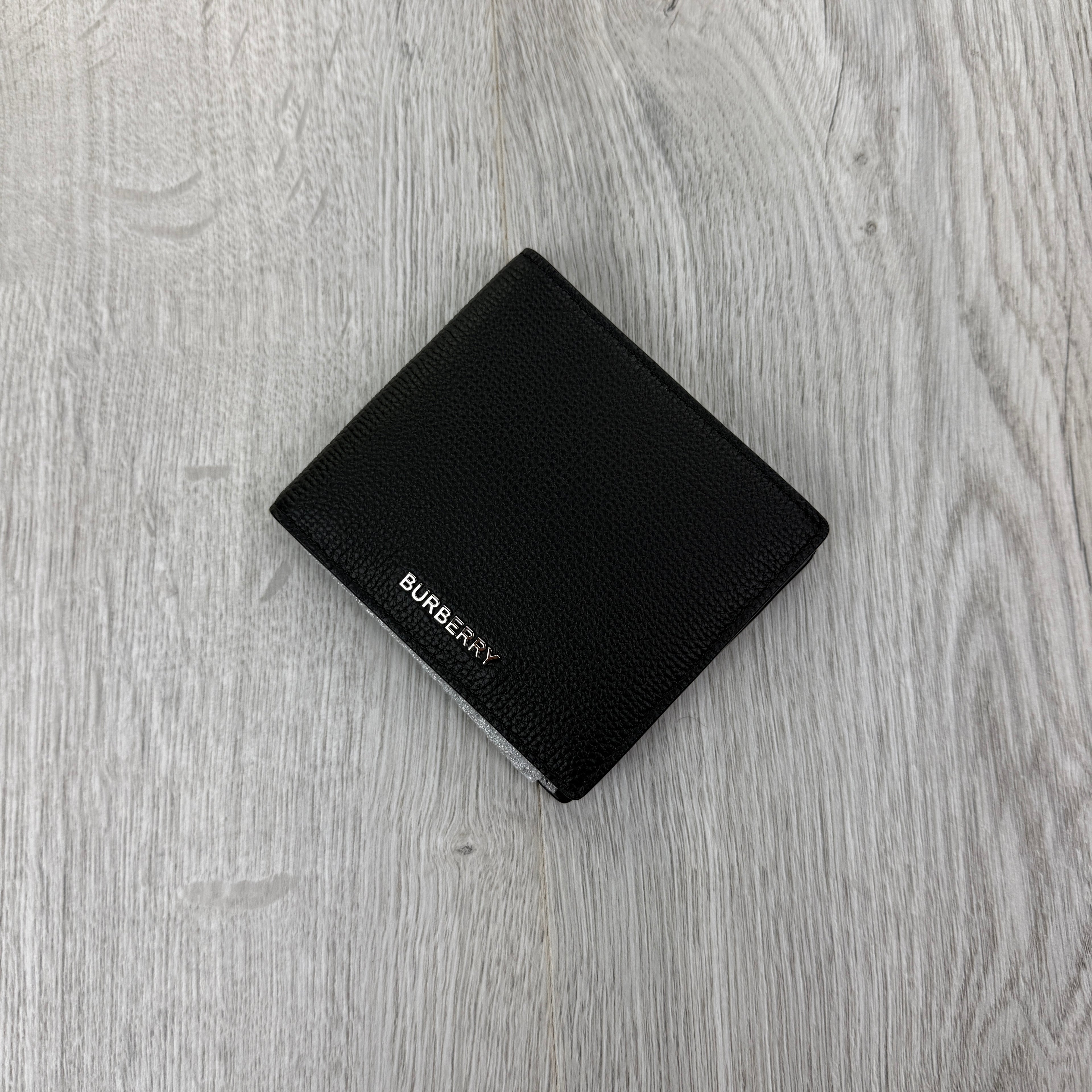 Burberry Men’s Black Leather Bifold Wallet Silver Logo