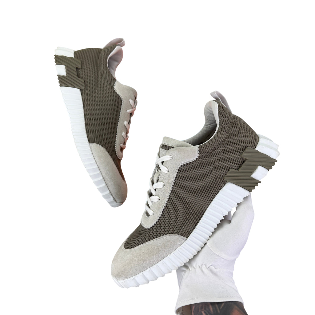 Hermes Men’s Suede Cream/Brown Bouncing Sneakers - Uk 9.5