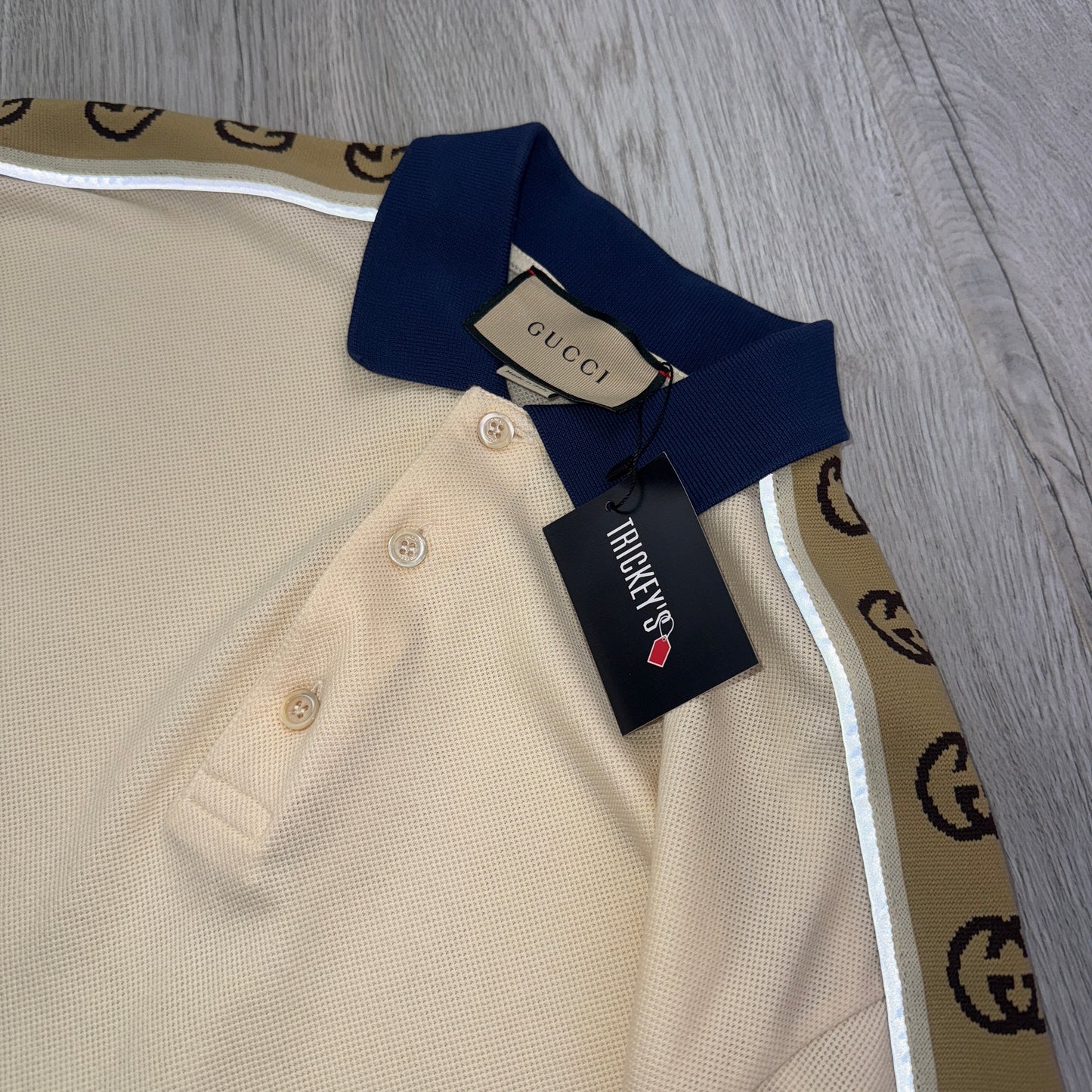 Gucci Men’s Beige Polo With Interlocking G Stripe -  Large