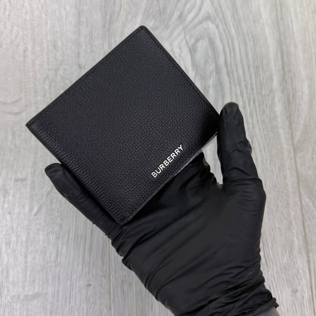 Burberry Men’s Black Leather Bifold Wallet Silver Logo