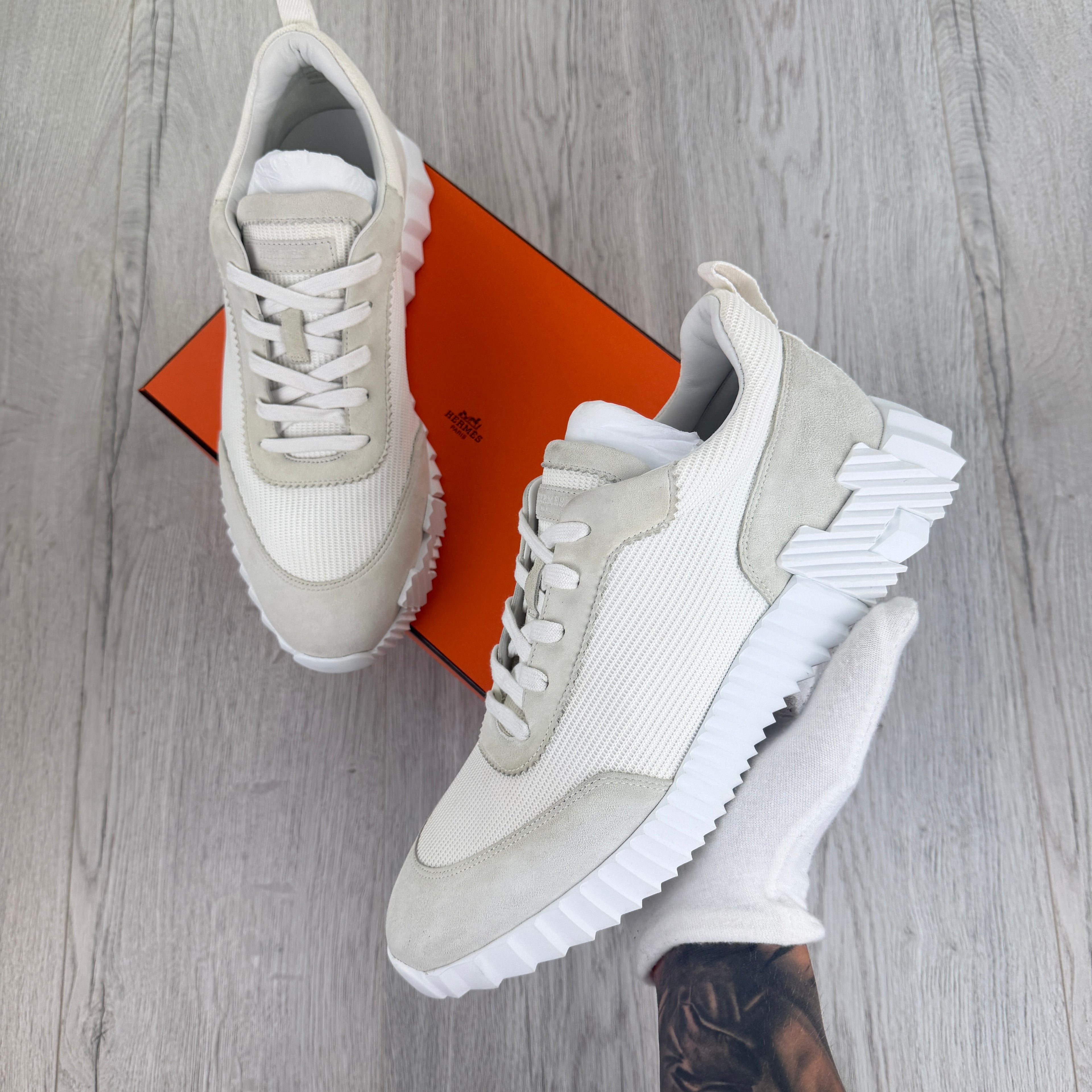 Hermes Men’s All White Bouncing Sneakers - 44 (Fit Uk 10)