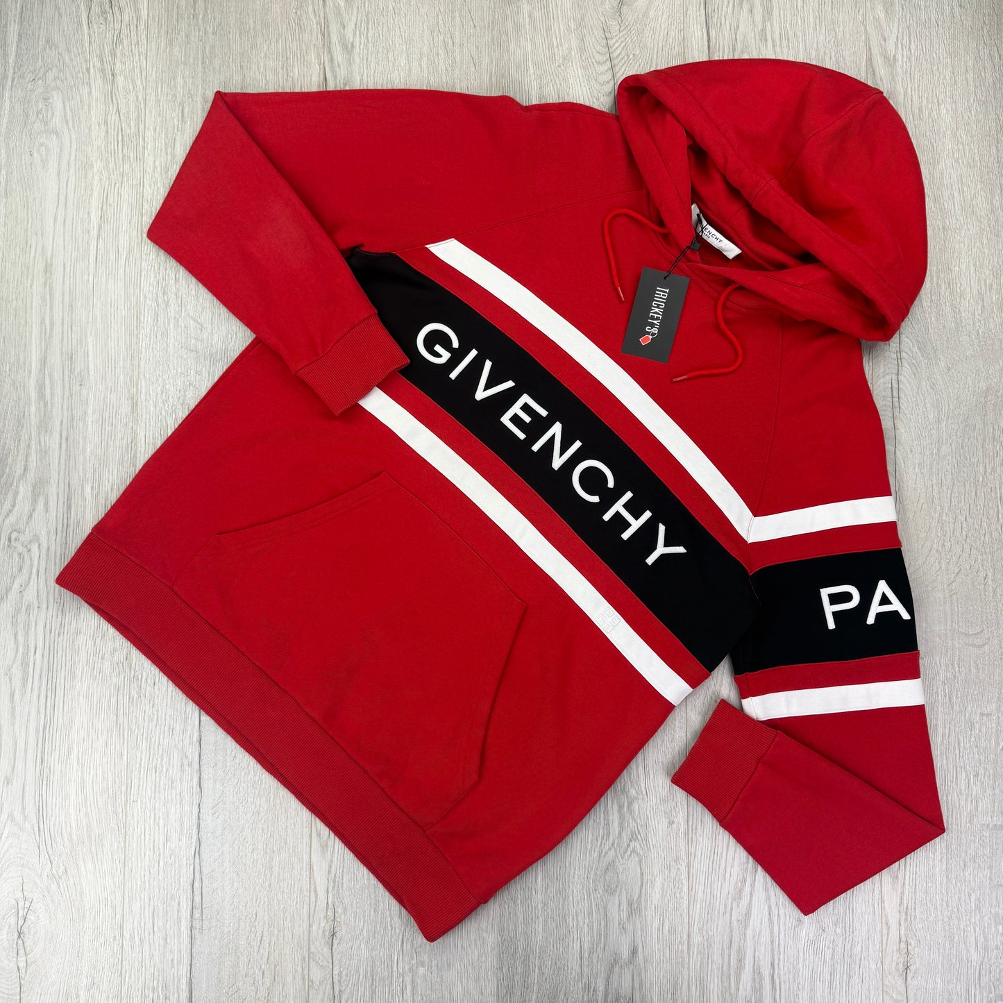 Givenchy Men’s Red Cotton Pullover Hoodie With Contrasting Stripes - Large