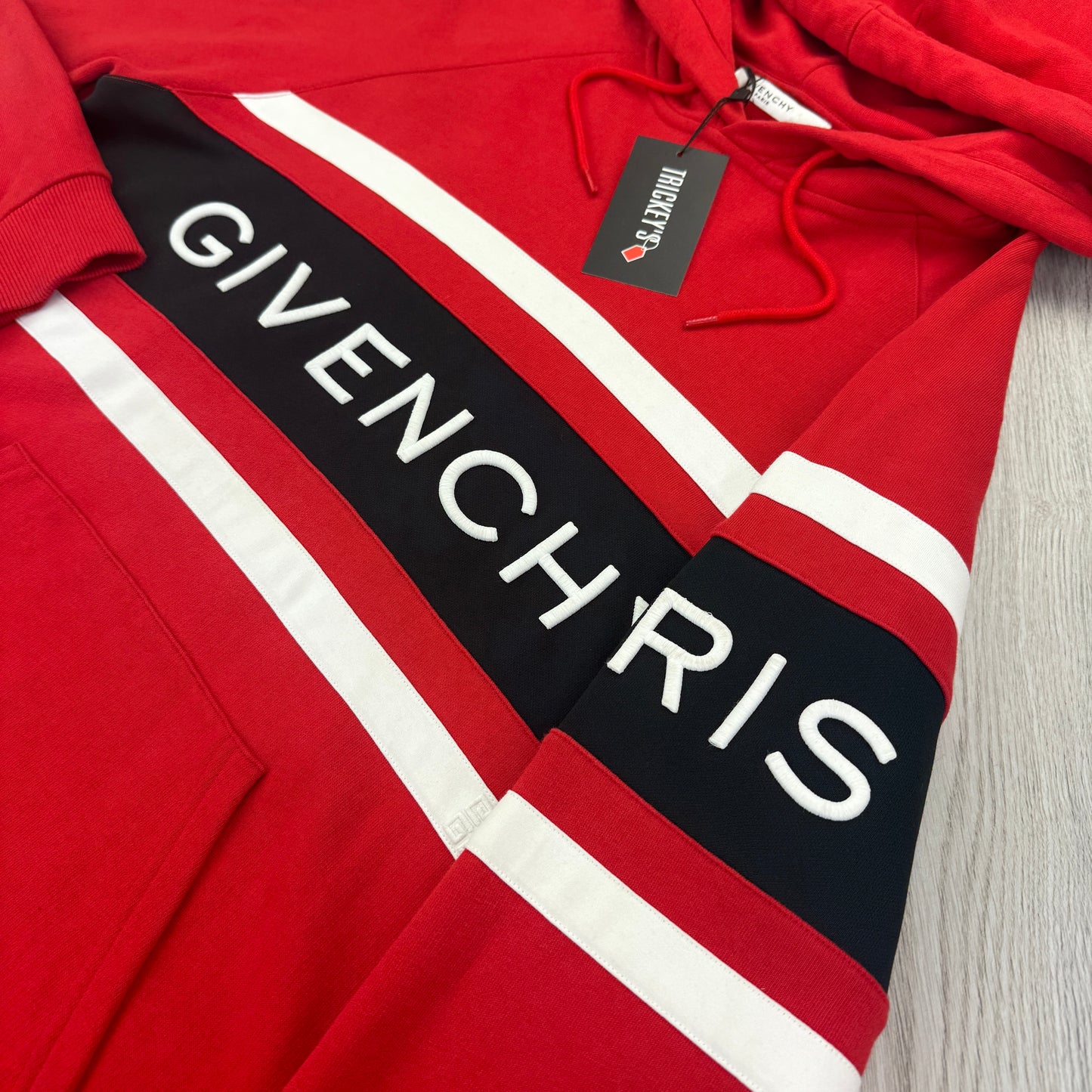 Givenchy Men’s Red Cotton Pullover Hoodie With Contrasting Stripes - Large