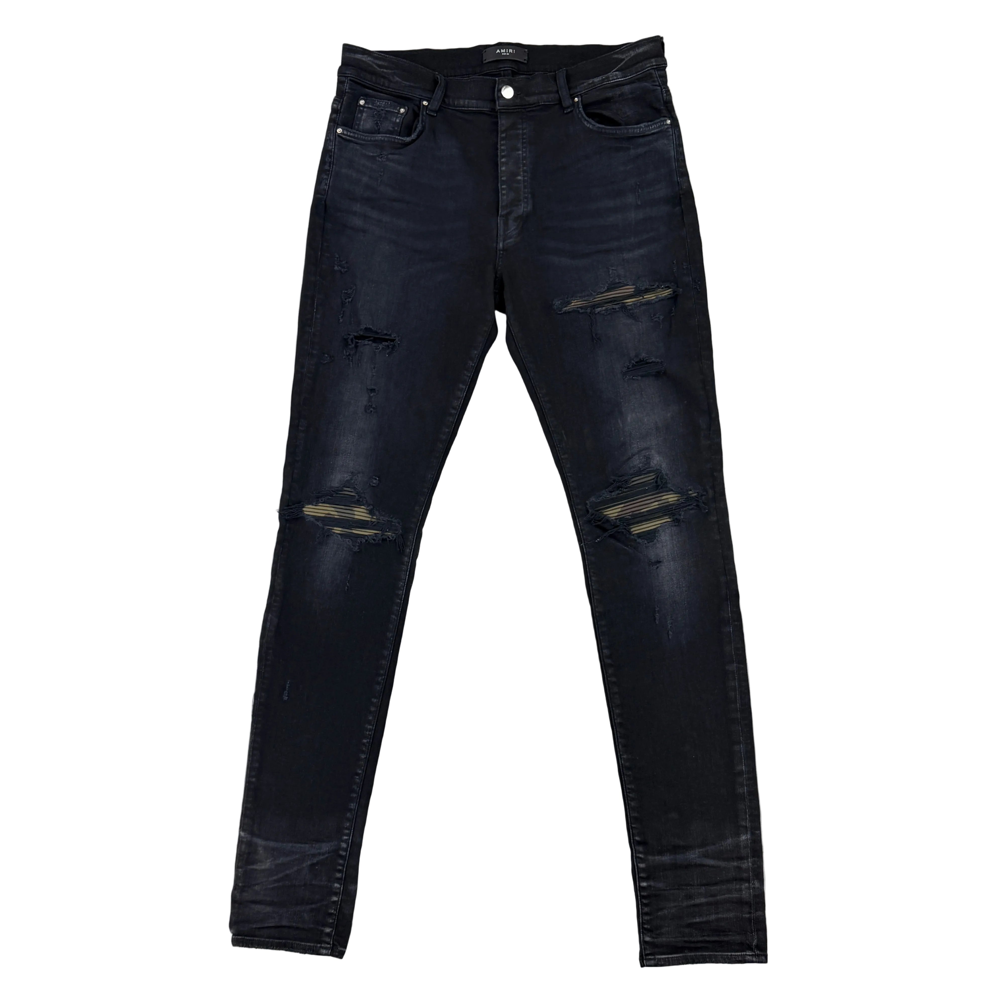 Amiri MX1 Men's Black Distressed Core Camouflage Applique Jeans