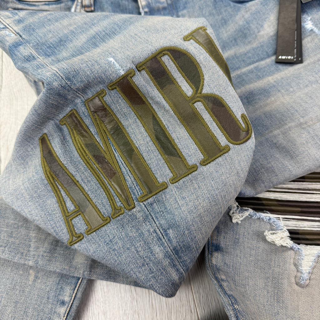 Amiri Men’s MX1 Distressed Camo Applique Logo Jeans