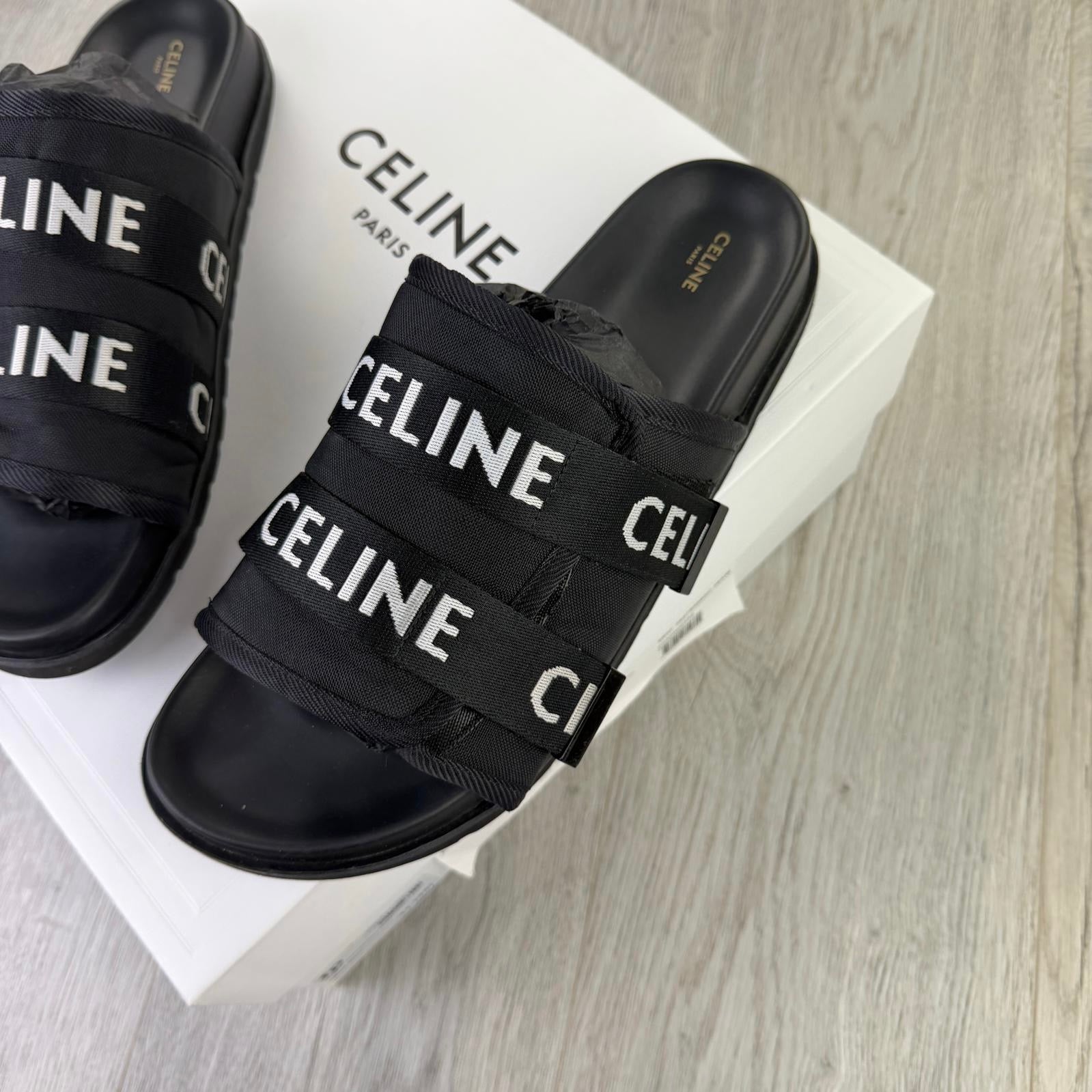 Celine Men’s Black Logo Sandals - Uk 11
