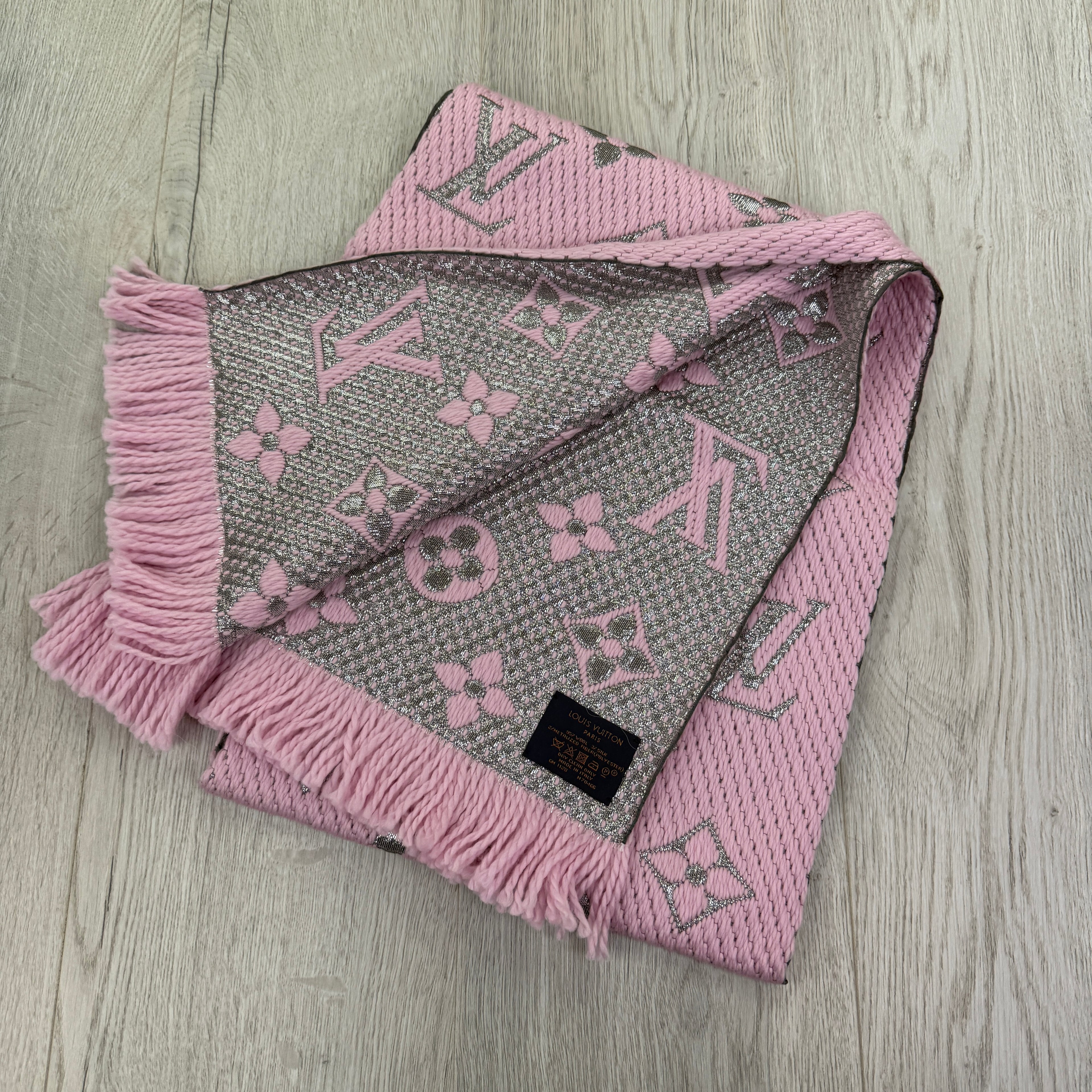 Louis Vuitton Pink / Silver Wool & Silk Monogram Scarf