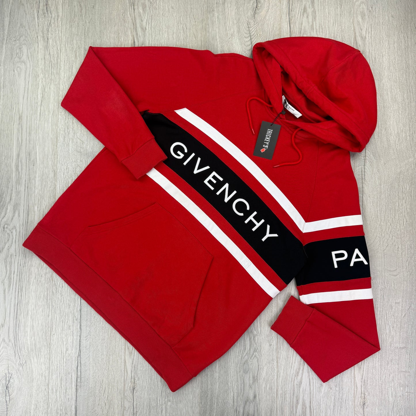 Givenchy Men’s Red Cotton Pullover Hoodie With Contrasting Stripes - Large