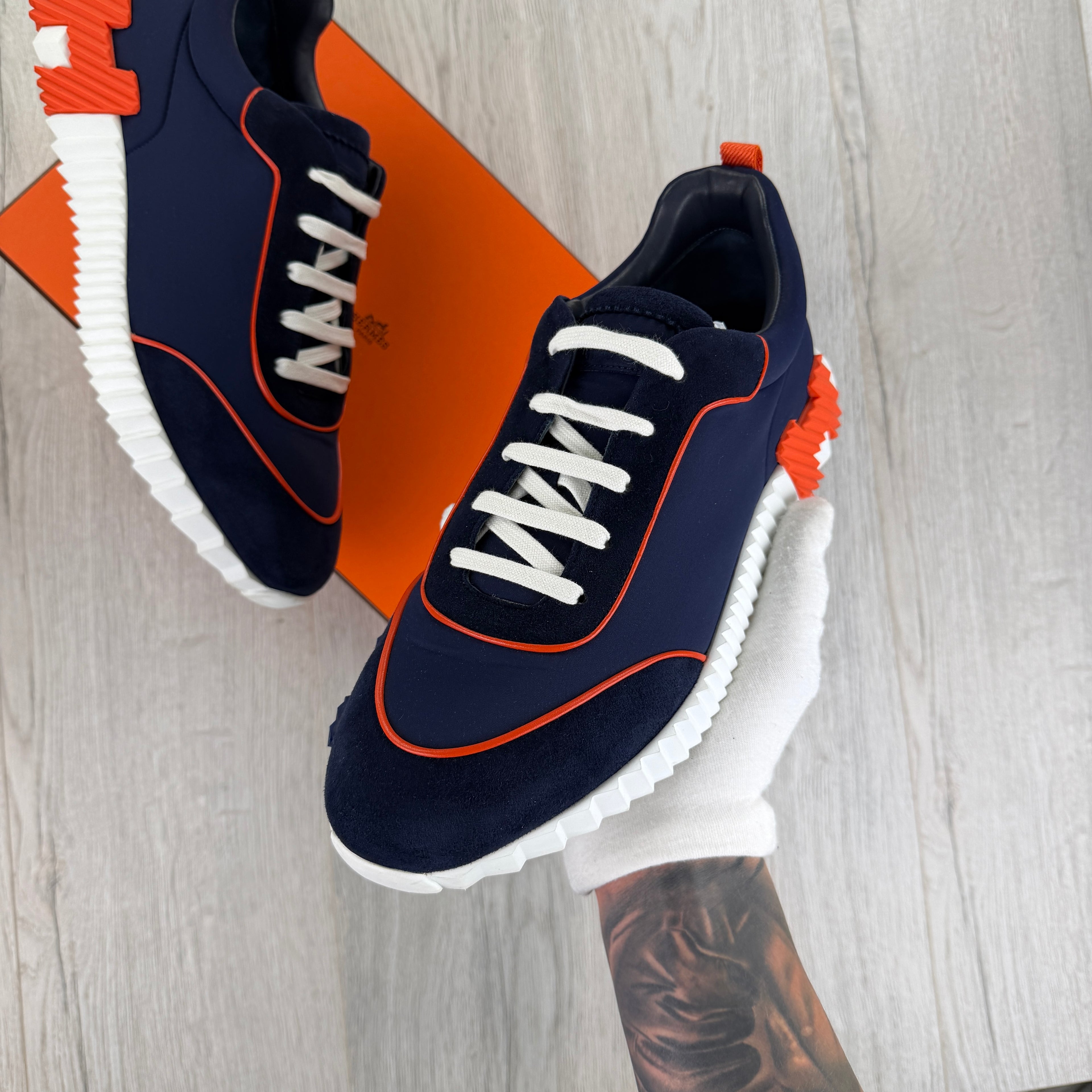 Hermes Men’s Navy Orange Bouncing Sneakers - 45 (Fit Uk 11)