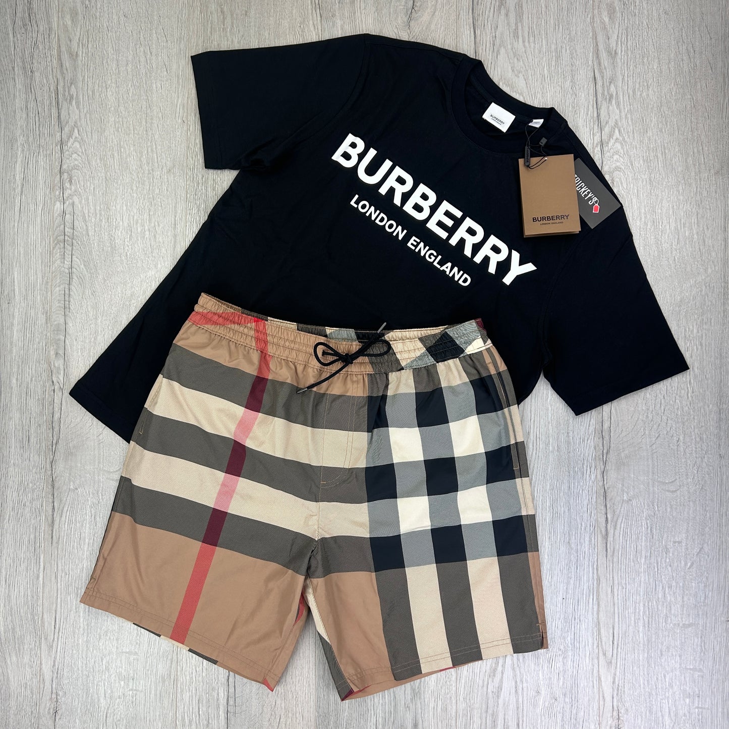 Burberry Men’s Black T-shirt & Beige Swim Short Set